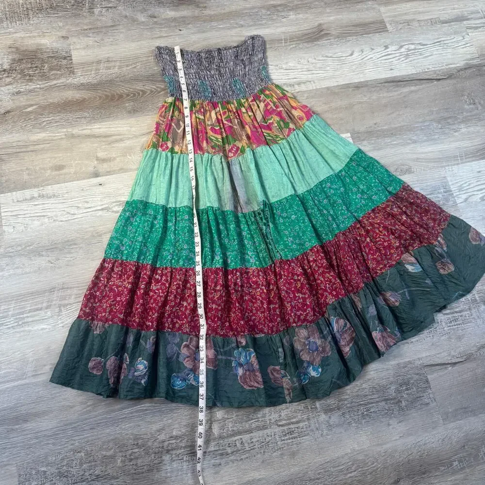 Vintage 90s Patchwork Silk Smocked Midi Dress Boho Fairycore Festival Y2K Medium